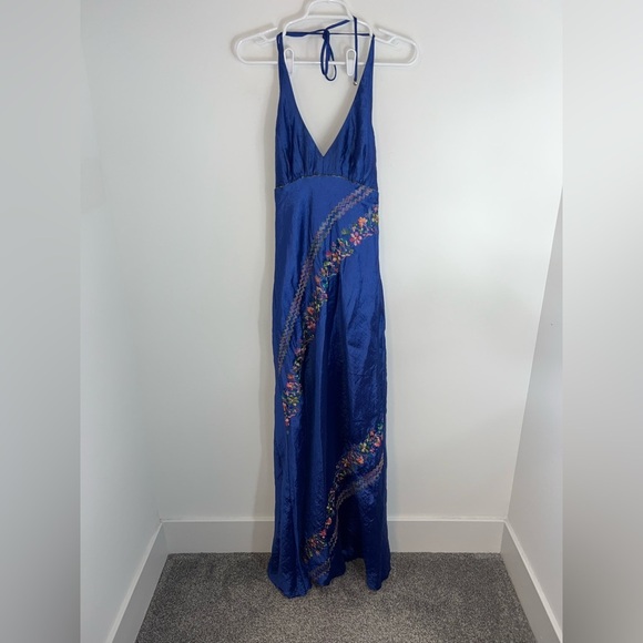 Vintage y2K A.B.S Elegant Blue Halter Dress with Floral Embroidery - Picture 1 of 14